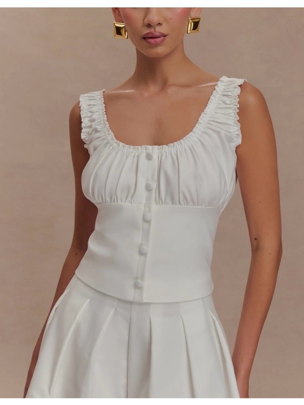 Meshki White Ruched Square-Neck Tank Top